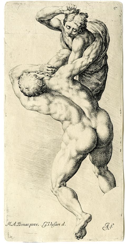 Antique Master Print MALE NUDE FEMALE FIGHTING Michelangelo Bisschop C 1668 Pictura Antique Prints