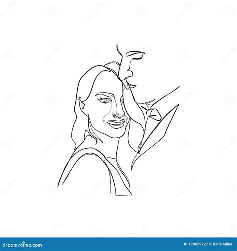 Linear Drawing Lovers Portrait Couple In Minimal Style Cartoon Vector
