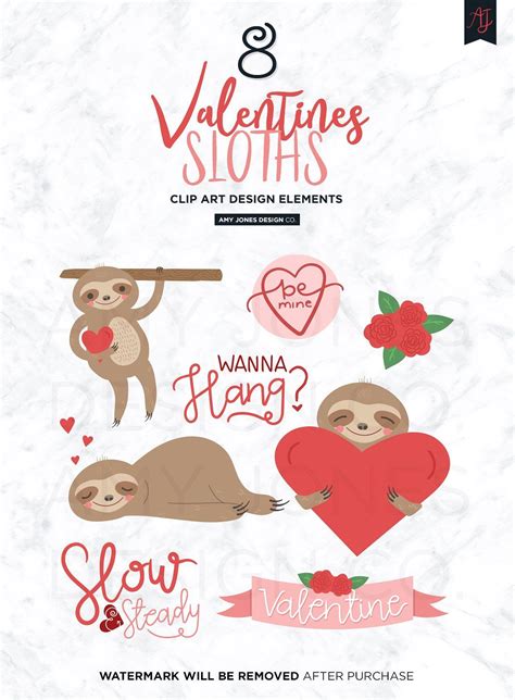 Valentines Sloths Clipart Set Valentine Sloth Clip Art Sloth