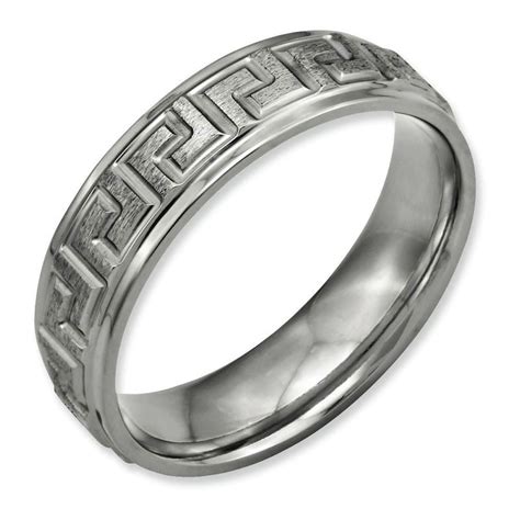 Chisel Titanium Ridged Edge Greek Key Design 6mm Satin Polished Wedding