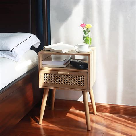 MaxSmeo Modern Nightstand Rattan Side Table With Storage Farmhouse End