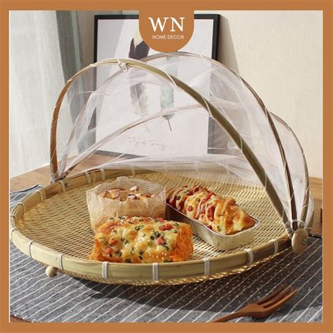 Bamboo Food Cover Vegetable Serving Tray Tent Basket Dulang Kayu Rotan Basket Serving Round ...