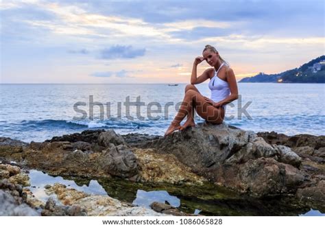 Sexy Blonde Woman White Swimsuit Sitting Stock Photo 1086065828 Shutterstock