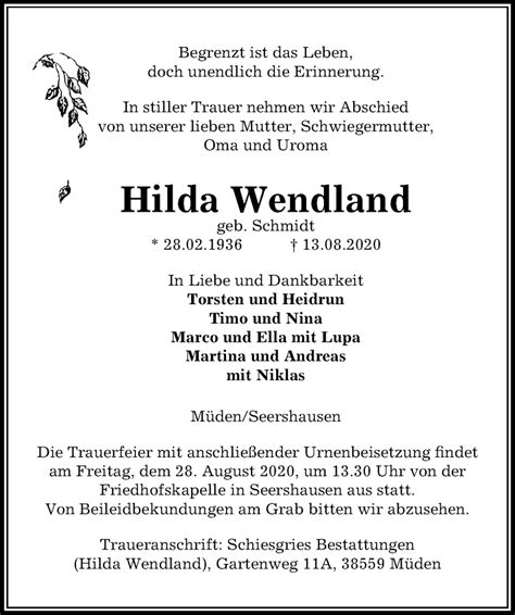 Traueranzeigen Von Hilda Wendland Trauer Anzeigen De