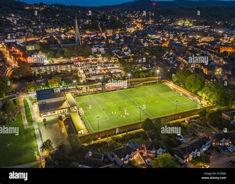 Dorking, Surrey, UK- October 2023: Aerial view of Dorking Wanderers Football Club, Semi ...