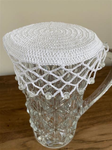 Vintage Inspired Crochet Jug Cover White Clear Crackle Beads Etsy