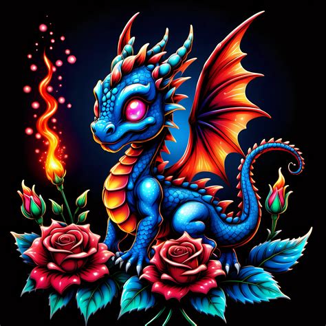 Glowing Cartoon Baby Dragon And Fairy With Neon Roses Muse Ai