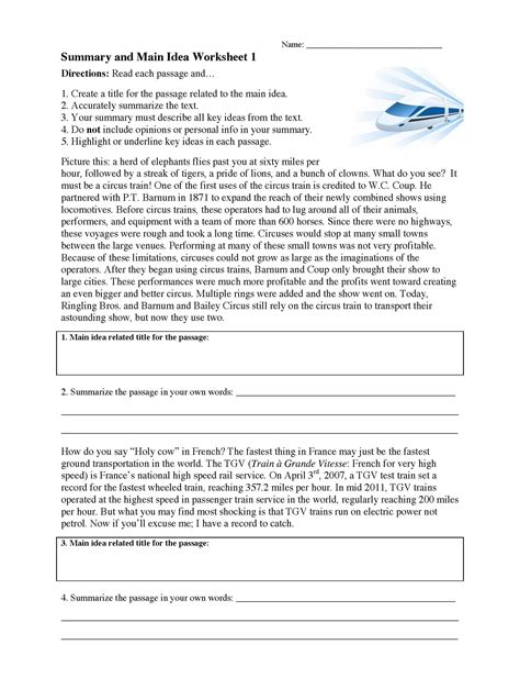 Main Idea Fourth Grade Worksheets