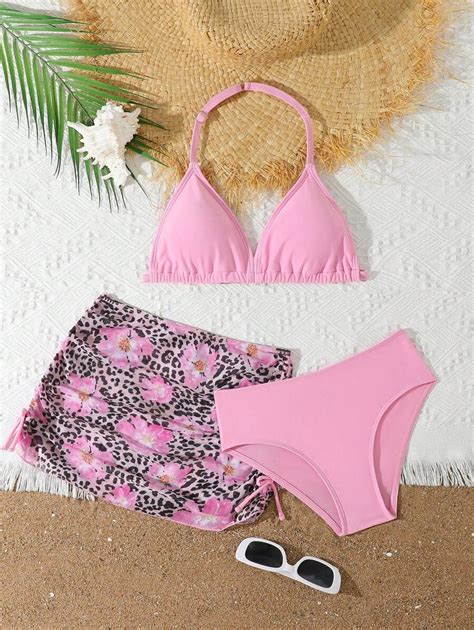 Tween Girls Bikini Sets Pieces Casual Vacation Style Pink Crochet Spaghetti Strap Top And