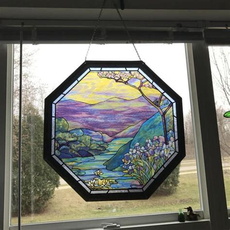 Octagonal Framed Large Stained Glass Panel Louis C Tiffany Etsy Stained Glass Panel Glass