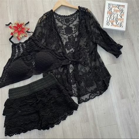 Seductive Black Crochet Beach Bikini Set Set Of Piece Bra With Shorts And Lace Jacket Shopee