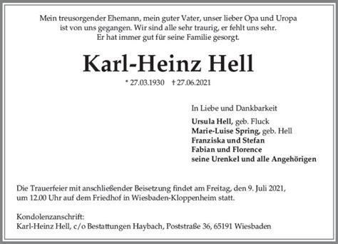 Traueranzeigen Von Karl Heinz Hell Vrm Trauerde