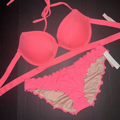 Victoria S Secret Swim Victorias Secret C Bikini M Ruffle Bottom Neon Orange Banded Push