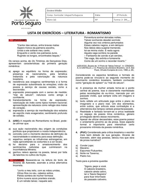 Exercicios Romantismo - Exercícios sobre Romantismo Brasileiro | PDF | Romantismo | Amor