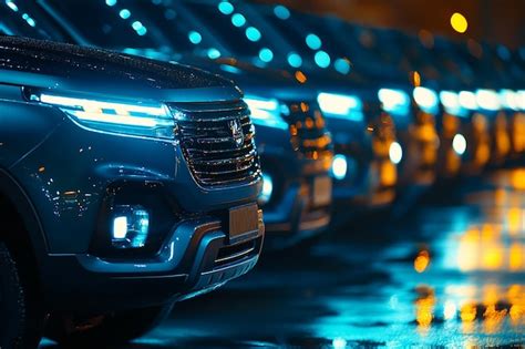 A Row Of Suvs With Their Headlights On Parked In An Outdoor Parking Lot