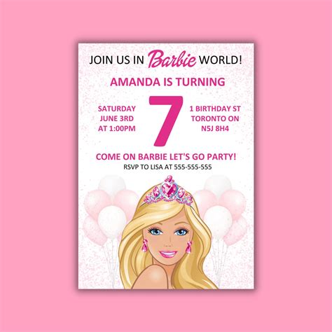 Editable Birthday Invitation Digital Printable Girl Barbie Etsy Canada