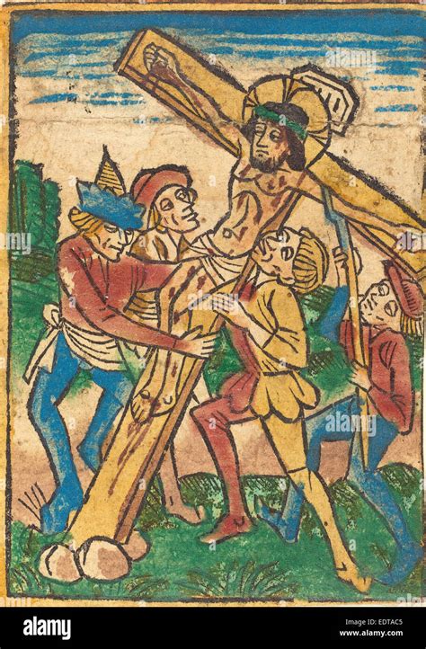 German 15th Century Raising The Cross C 1490 Hand Colored Woodcut