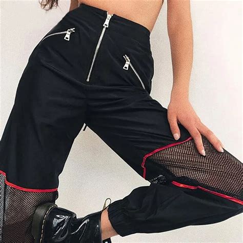 Women Zipper Elastic Long Pants Patchwork Hollow Out Loose Pants Sexy Trousers Pantalones Mujer