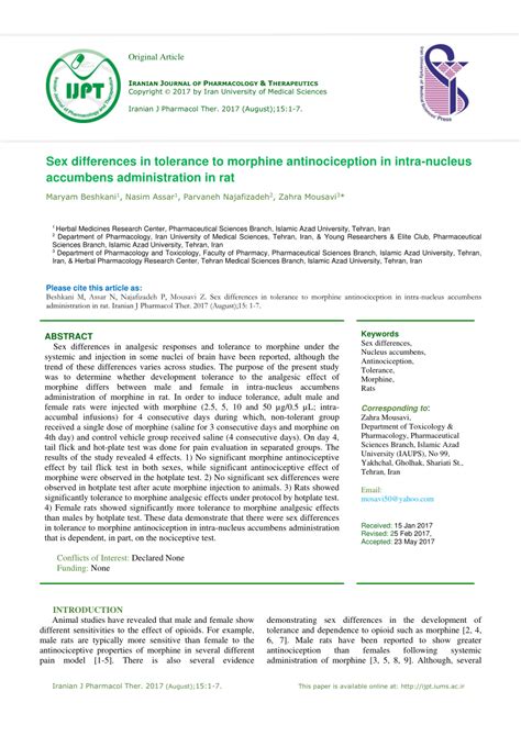 Pdf Sex Differences In Tolerance To Morphine Antinociception In Intra Nucleus Accumbens