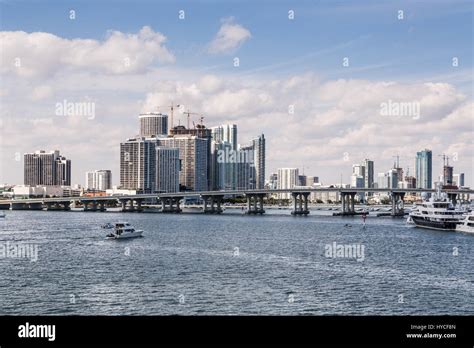 Miami Skyline Across Biscayne Bay With Yachts Stock Photo Alamy