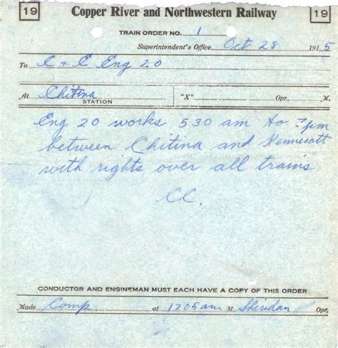 Ever Seen a CR&NW Train Order? | Copper River & Northwestern Railway