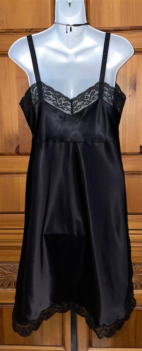 Vintage S Black Satin Elegant Sexy Full Slip Pink Girl Vintage Lingerie
