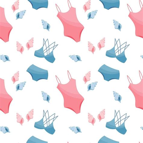 Seamless Pattern Drawn Women S Bikini Swimwear And Seashells On A White Background Travel