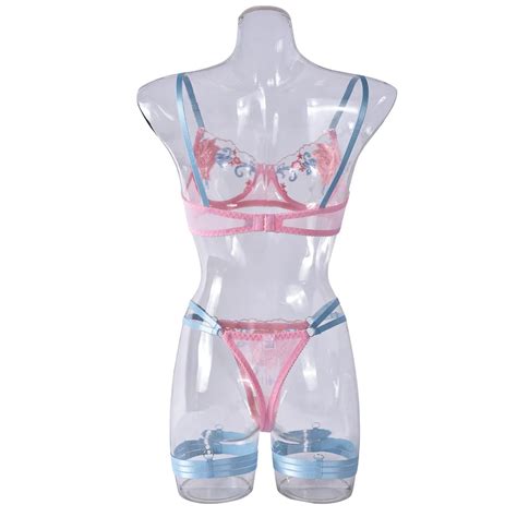 2pcs Lingerie Set Bra And Thong Beautiful Sheer New Multi Color Embroidery Splicing Mesh