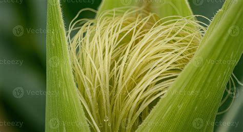 Macro shot of a fresh corn silk emerging from the husk of a developing