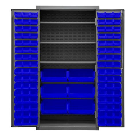 Metal Locking Storage Cabinet with 102 Hook-On-Bins Blue and 3 Shelves