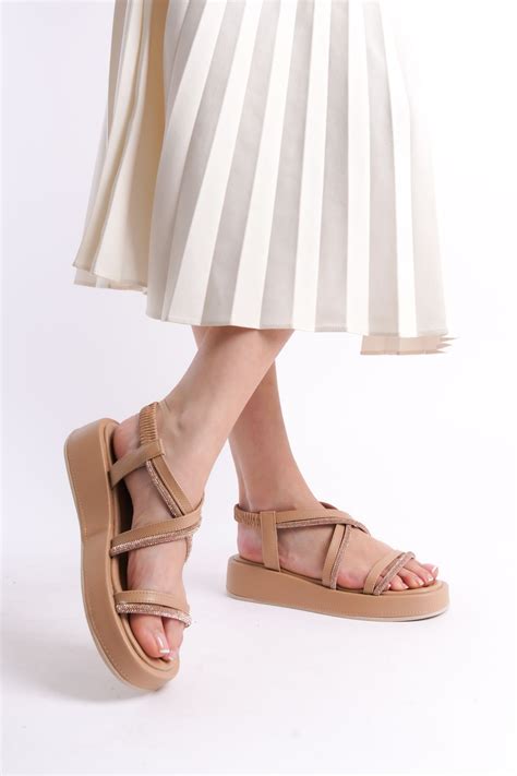 ZİESCE Kadın Nude Tek Şerit Çaprazlı Düz Taban Taşlı Sandalet Ayakkabı Fiyatı Yorumları Trendyol