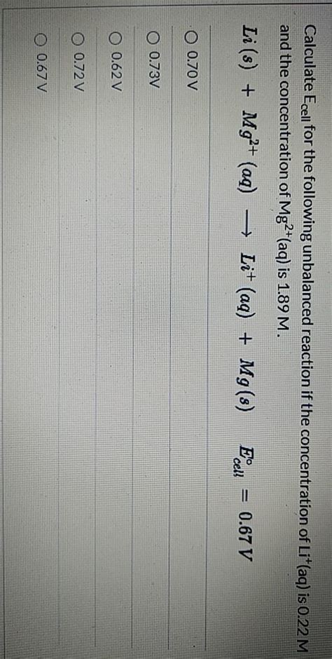 Solved Calculate Ecell For The Following Unbalanced Reaction Chegg