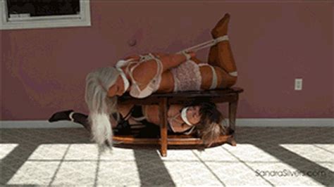 Super Struggling As Two MILF Damsels In Lingerie Left Hogtied On The Coffee Table SD