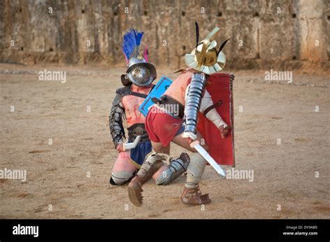 Performing Of Gladiators Fighting Of Meridas Amphitheater Stock Photo