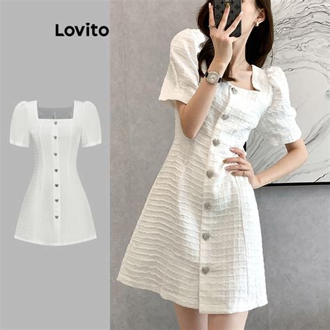 Lovito Elegant Plain Button Front Jacquard Dress For Women L71ED169