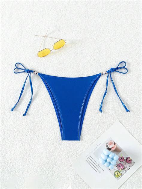 Solid Color Bikini Bottoms With String Ties For Women Shein Usa