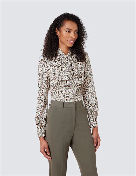 Women S Leopard Print Satin Pussy Bow Blouse In Cream Black Size 6 Hawes Curtis My