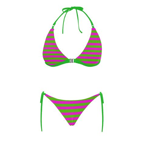Pink Green Stripes Green Buckle Front Halter Bikini Swimsuit Model S ID D