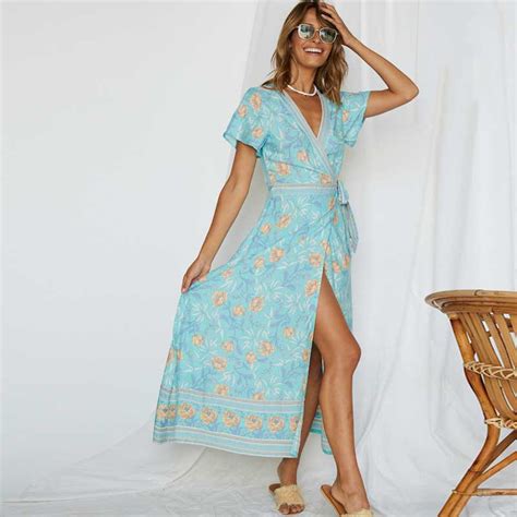 Boho Geïnspireerd Oceanië Maxi Jurk Blauw Wrap Sex Grandado