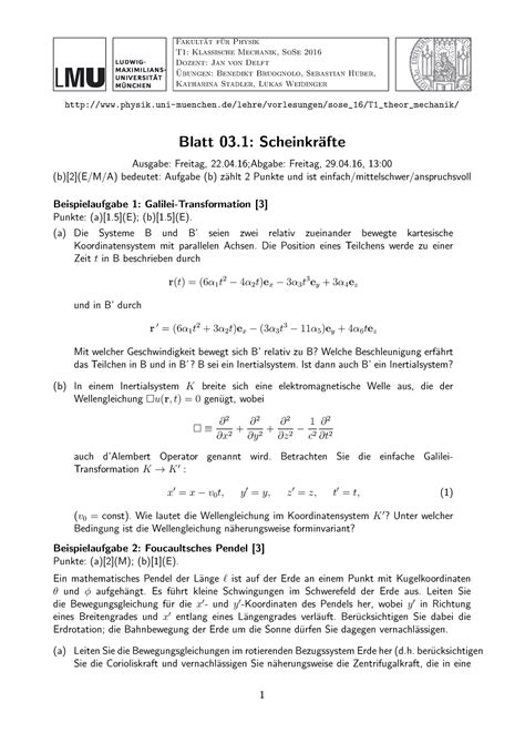 Scheinkraefte Fakult At F Ur Physik T Klassische Mechanik