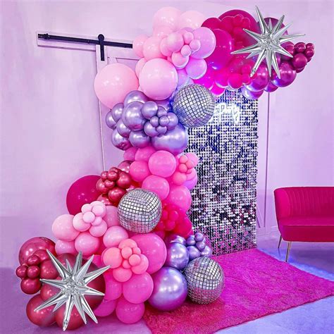 Hot Pink Silver Balloons Garland Arch Kit Pastel Pink Disco Ball Explosion Star Foil Balloons