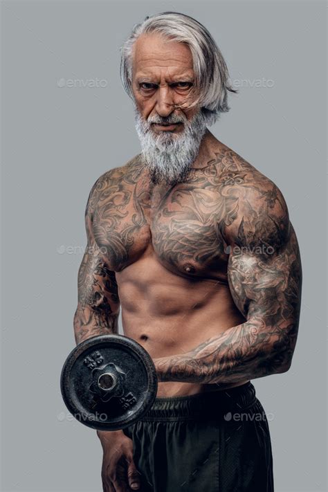 Naked Old Man Lifting Dumbell Against White Background Stock Photo By Fxquadro