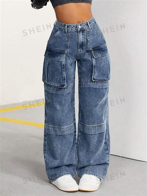 Shein X Carly Lawrence Shein Icon Womens Cargo Denim Trousers With
