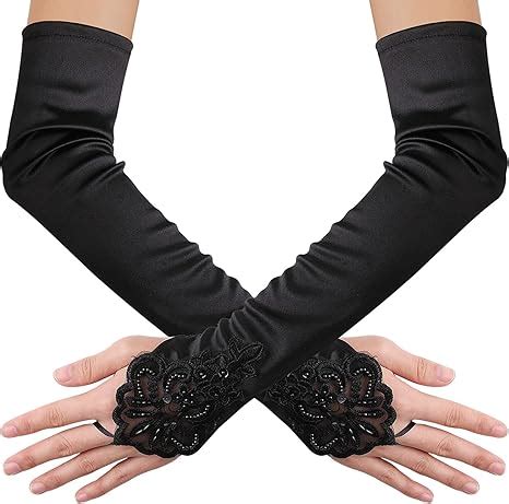 Yolev Lange Handschuhe Schwarz Damen Opernhandschuhe Spitze Satin