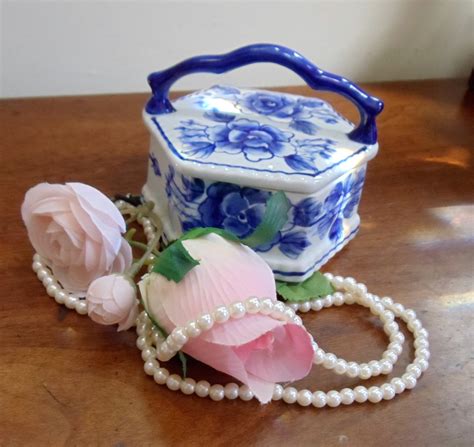 Vintage Porcelain Trinket Box Blue And White Floral Hexagon