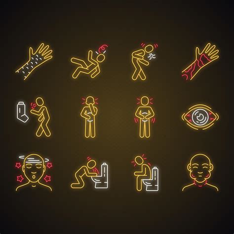 Allergy symptoms neon light icons set. Seasonal disease. Food poisoning