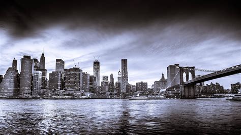 New York City Skyline At Night Black And White Panoramic