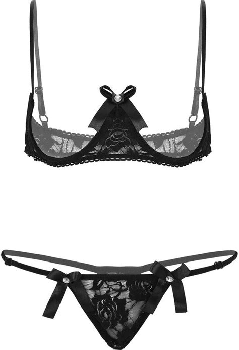 Chictry Womens Sheer Lace Lingerie Sets Bare Exposed Breasts Shelf Bra With G String Briefs
