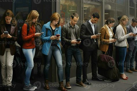 Group Of Young People Using Their Smartphones In The Street Urban