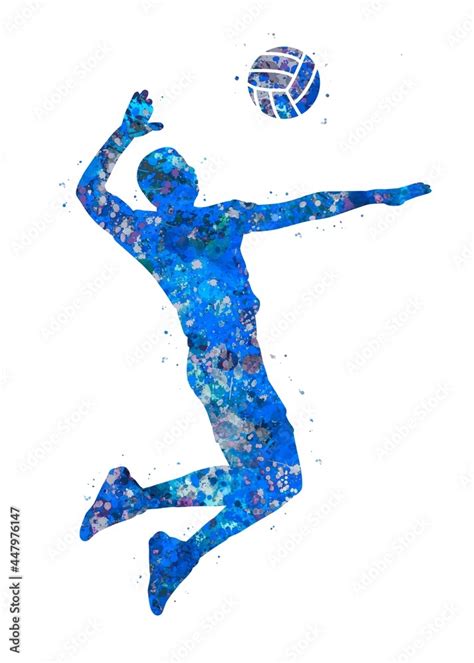 Volleyball Player Smash blue watercolor art, abstract sport painting ...